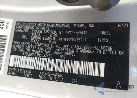 2021 Toyota Sienna Xle z USA, uszkodzony, nr VIN 5TDJRKEC3MS037460
